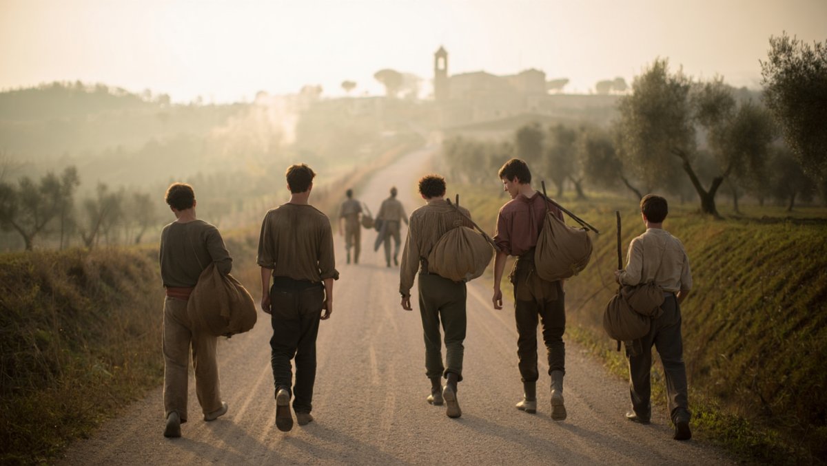 Jóvenes italianos caminando con sus bolsas hacia el cuartel
