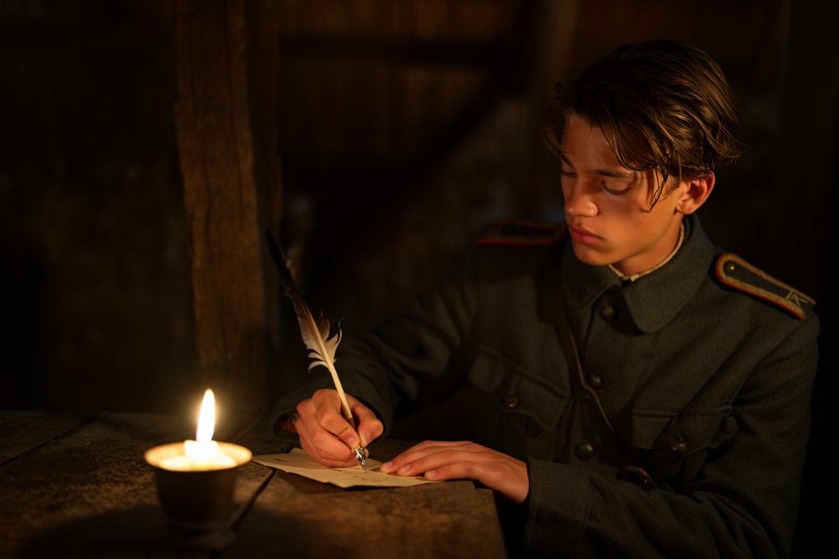 Joven soldado italiano escribiendo una carta a la luz de una vela