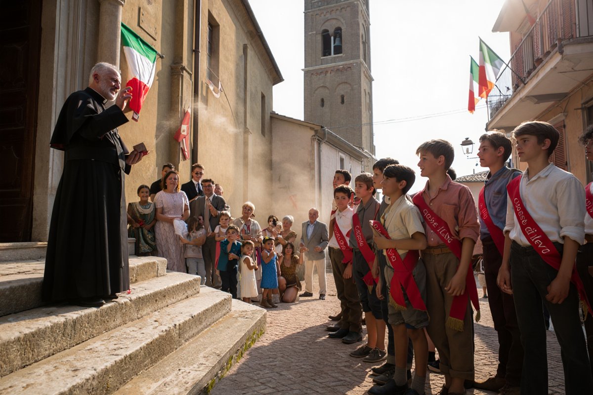 Sacerdote bendiciendo a jóvenes con bandas tricolores frente al campanile