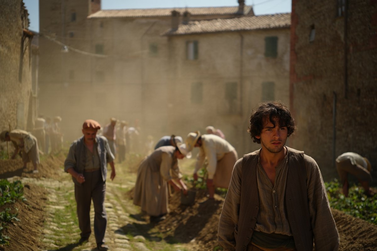 Pueblo italiano rural a mediados del siglo XIX, con campesinos trabajando