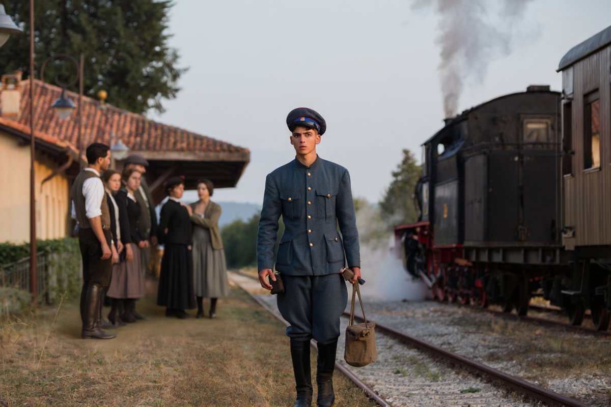 Soldado italiano bajando del tren en la estación de su pueblo
