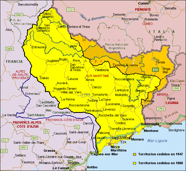 Mapa de Tenda y Briga devueltos a Francia