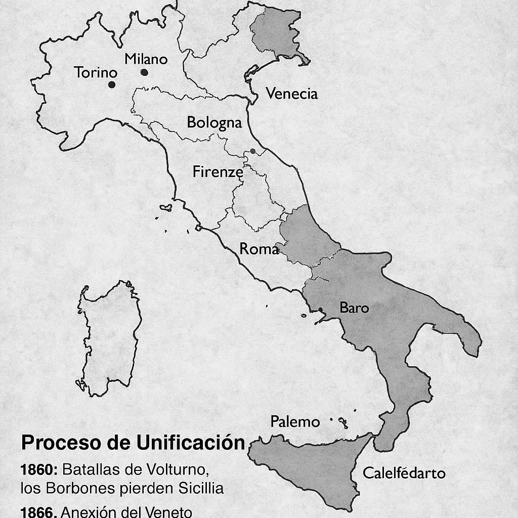 Mapa de la unificación italiana 1860–1870