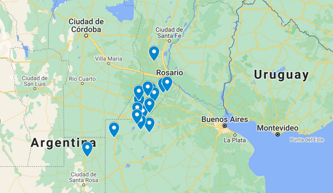 Mapa de la migración de la familia Perugini por el sur de Santa Fe, norte de Buenos Aires y La Pampa